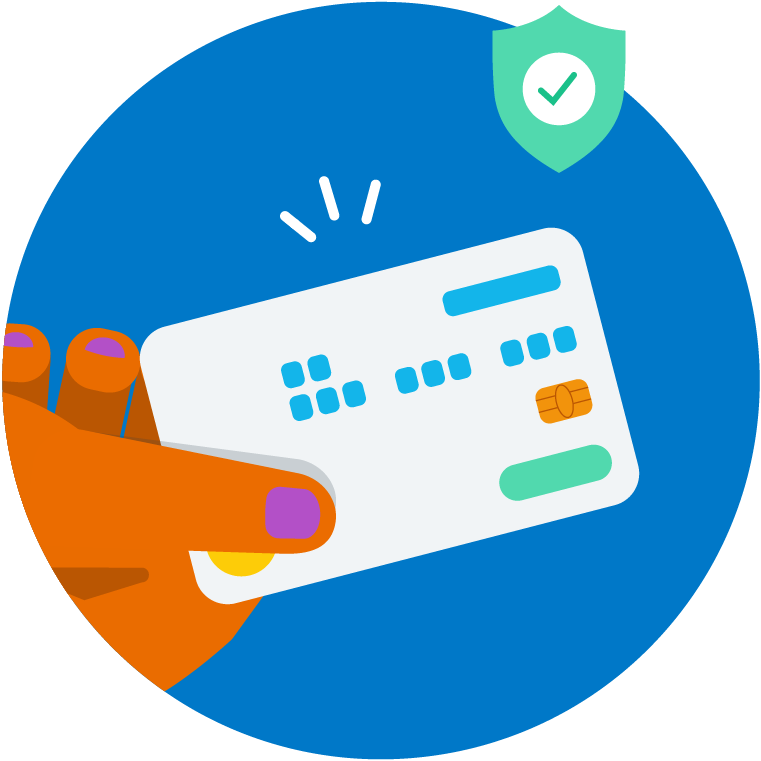 Hand holding a secure credit card with a checkmark icon, representing safe and verified card payments.